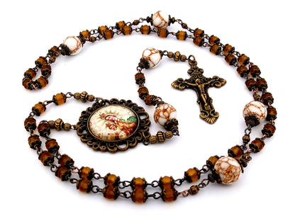 Our Lady of Mount Carmel unique rosary beads  amber glass and howlite gemstone rosary beads with bronze filigree crucifix.
