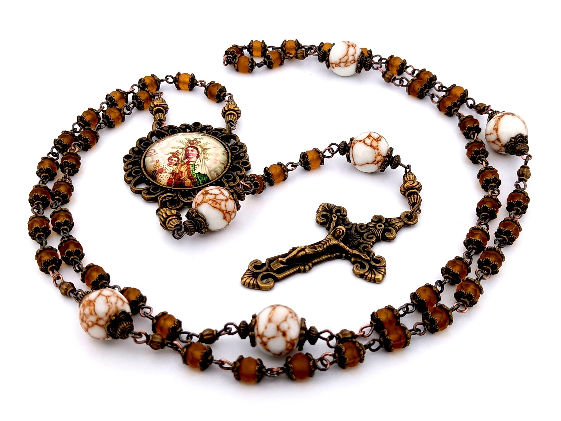 Our Lady of Mount Carmel unique rosary beads  amber glass and howlite gemstone rosary beads with bronze filigree crucifix.