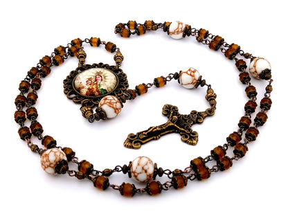 Our Lady of Mount Carmel unique rosary beads  amber glass and howlite gemstone rosary beads with bronze filigree crucifix.