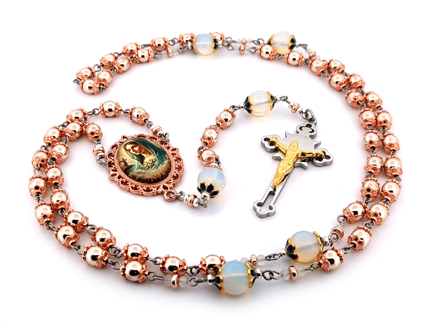 Virgin Mary unique rosary beads rose gold hematite gemstone rosary beads with opal gemstone beads and Saint Benedict crucifix.