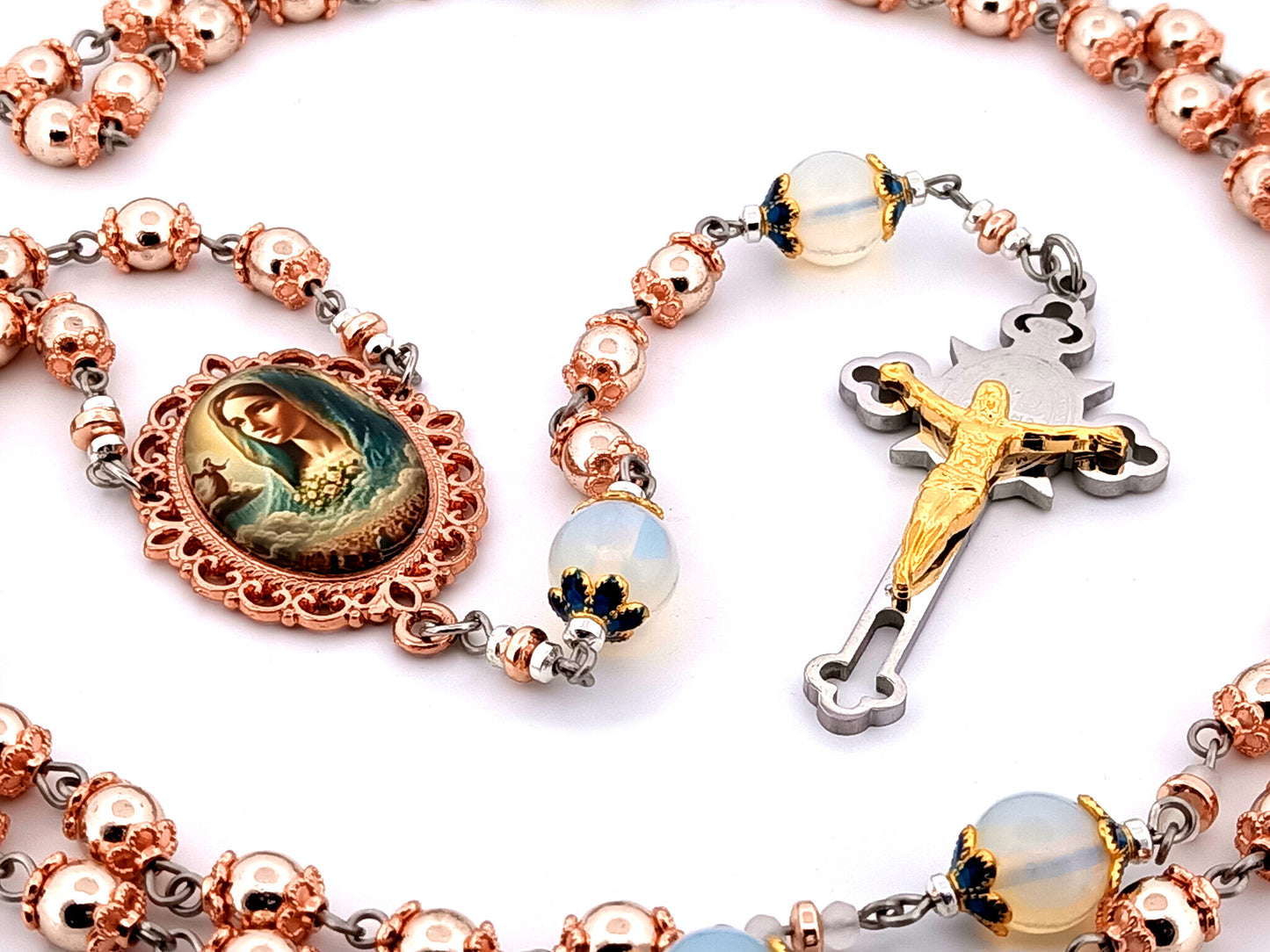 Virgin Mary unique rosary beads rose gold hematite gemstone rosary beads with opal gemstone beads and Saint Benedict crucifix.