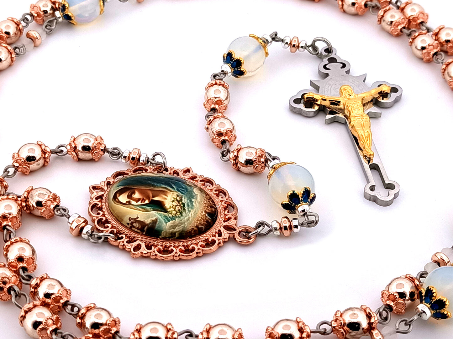 Virgin Mary unique rosary beads rose gold hematite gemstone rosary beads with opal gemstone beads and Saint Benedict crucifix.