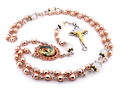 Virgin Mary unique rosary beads rose gold hematite gemstone rosary beads with opal gemstone beads and Saint Benedict crucifix.