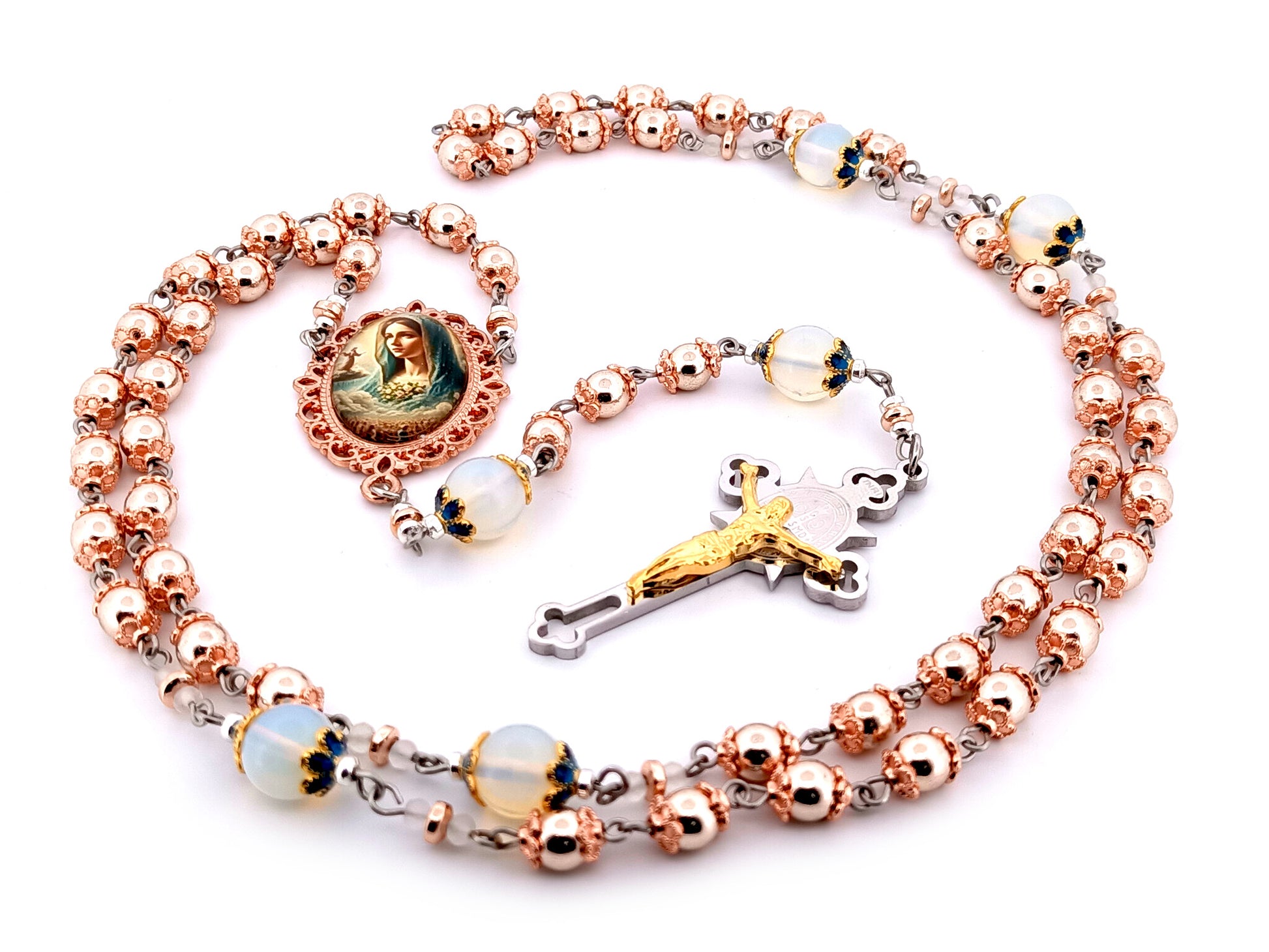 Virgin Mary unique rosary beads rose gold hematite gemstone rosary beads with opal gemstone beads and Saint Benedict crucifix.