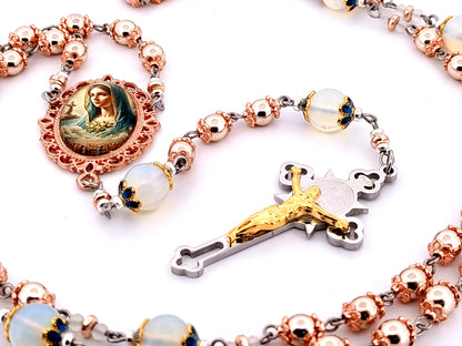 Virgin Mary unique rosary beads rose gold hematite gemstone rosary beads with opal gemstone beads and Saint Benedict crucifix.