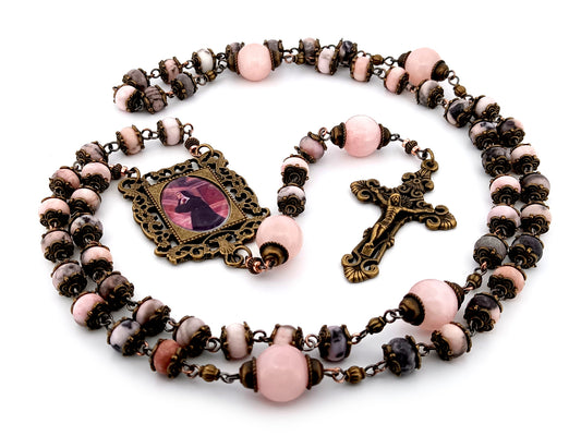 Saint Margaret Mary Alacoque unique rosary beads  pink jasper and quartz gemstone rosary beads with bronze filigree crucifix.