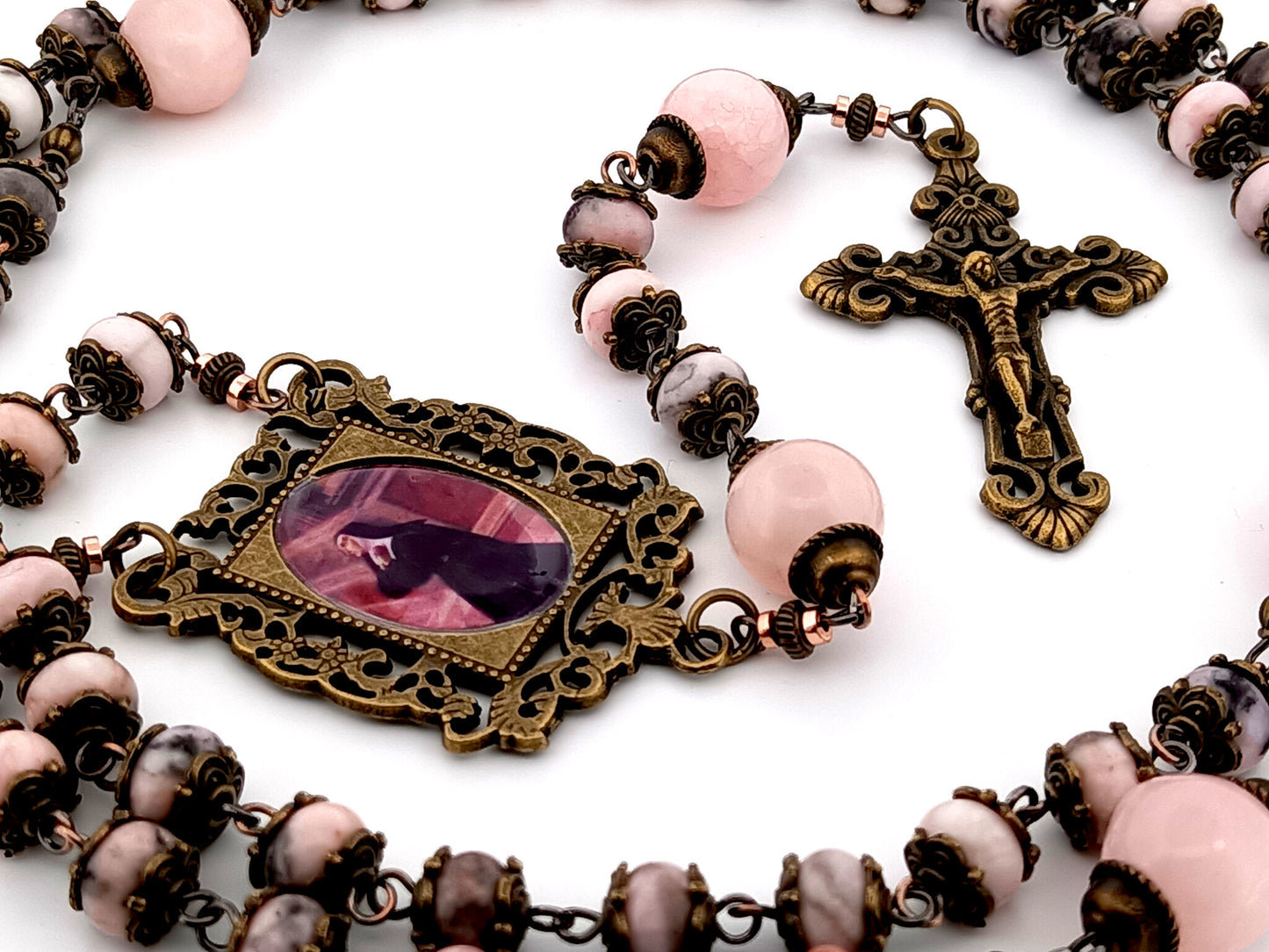 Saint Margaret Mary Alacoque unique rosary beads  pink jasper and quartz gemstone rosary beads with bronze filigree crucifix.
