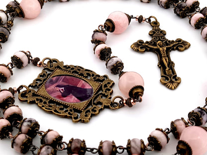 Saint Margaret Mary Alacoque unique rosary beads  pink jasper and quartz gemstone rosary beads with bronze filigree crucifix.