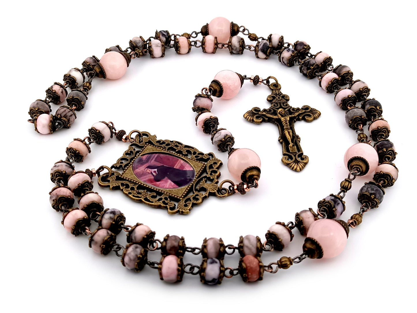 Saint Margaret Mary Alacoque unique rosary beads  pink jasper and quartz gemstone rosary beads with bronze filigree crucifix.