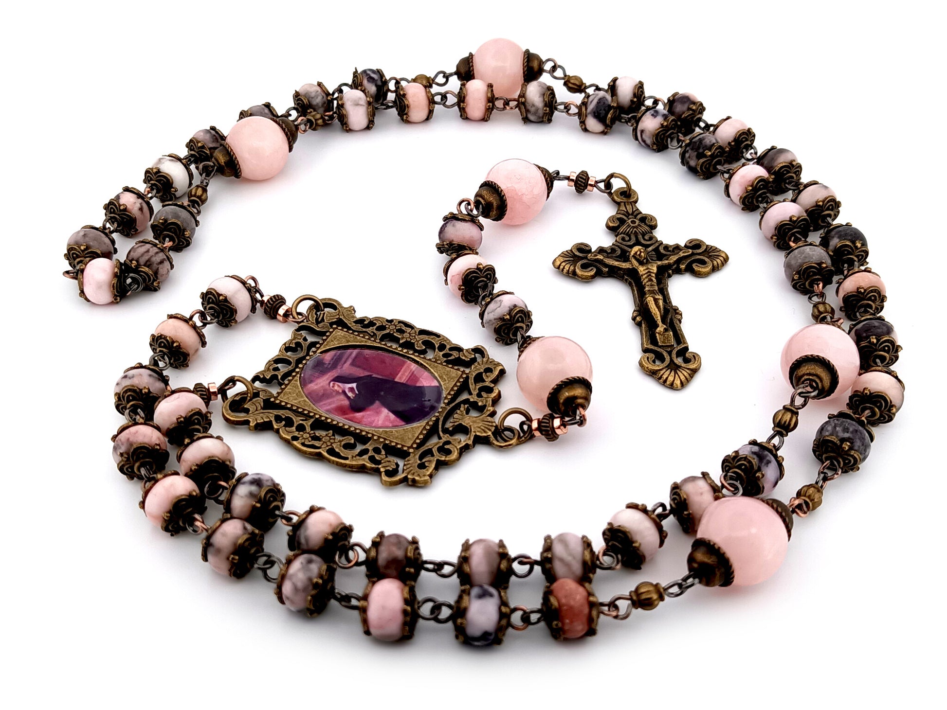 Saint Margaret Mary Alacoque unique rosary beads  pink jasper and quartz gemstone rosary beads with bronze filigree crucifix.