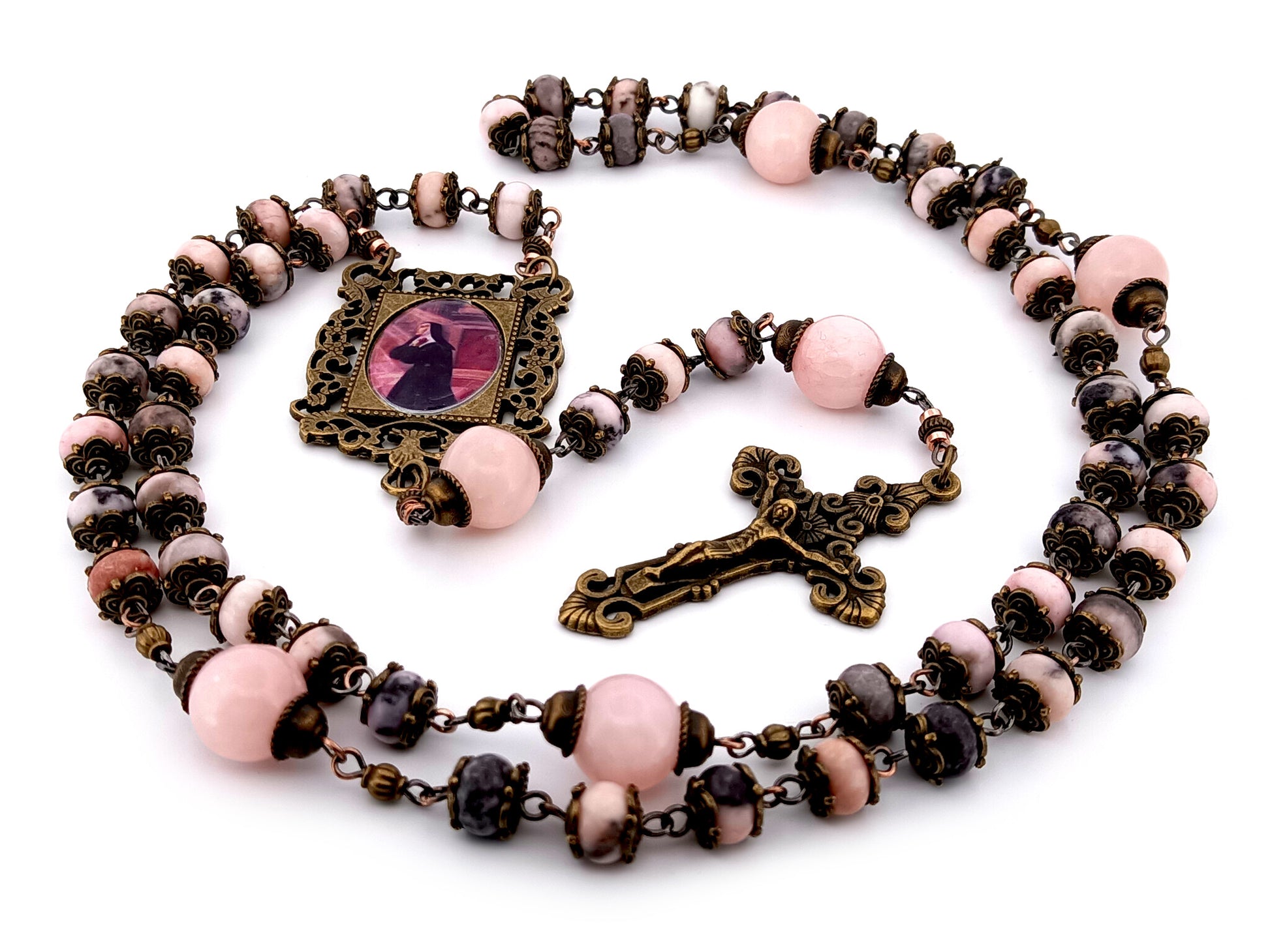 Saint Margaret Mary Alacoque unique rosary beads  pink jasper and quartz gemstone rosary beads with bronze filigree crucifix.