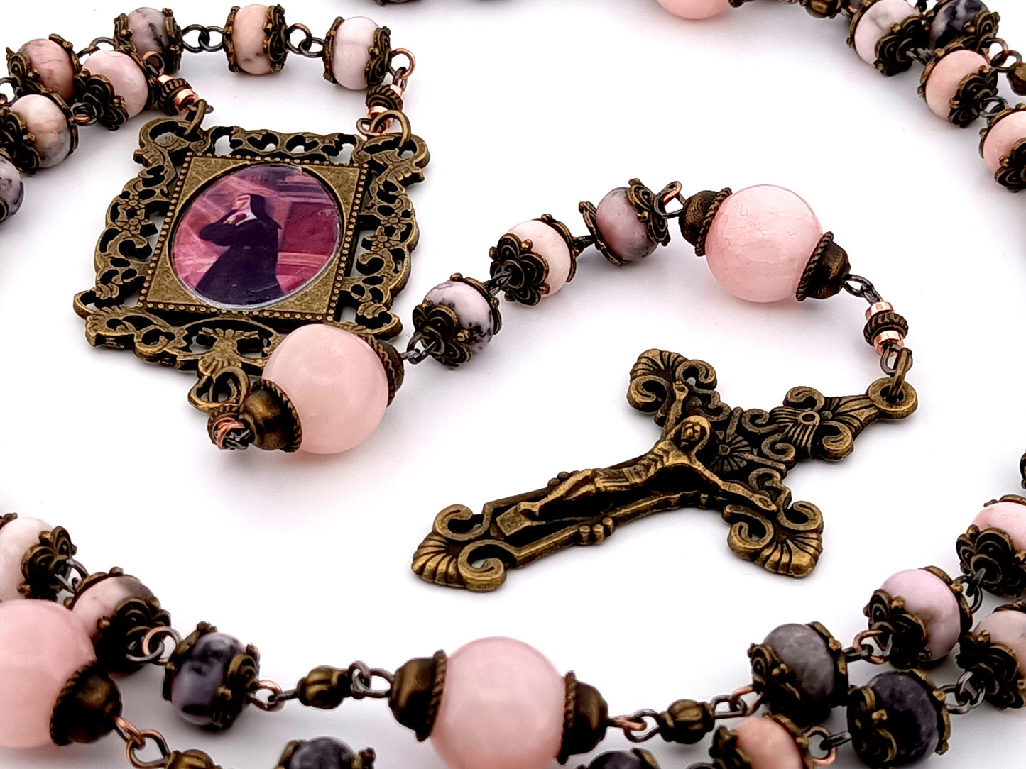 Saint Margaret Mary Alacoque unique rosary beads  pink jasper and quartz gemstone rosary beads with bronze filigree crucifix.