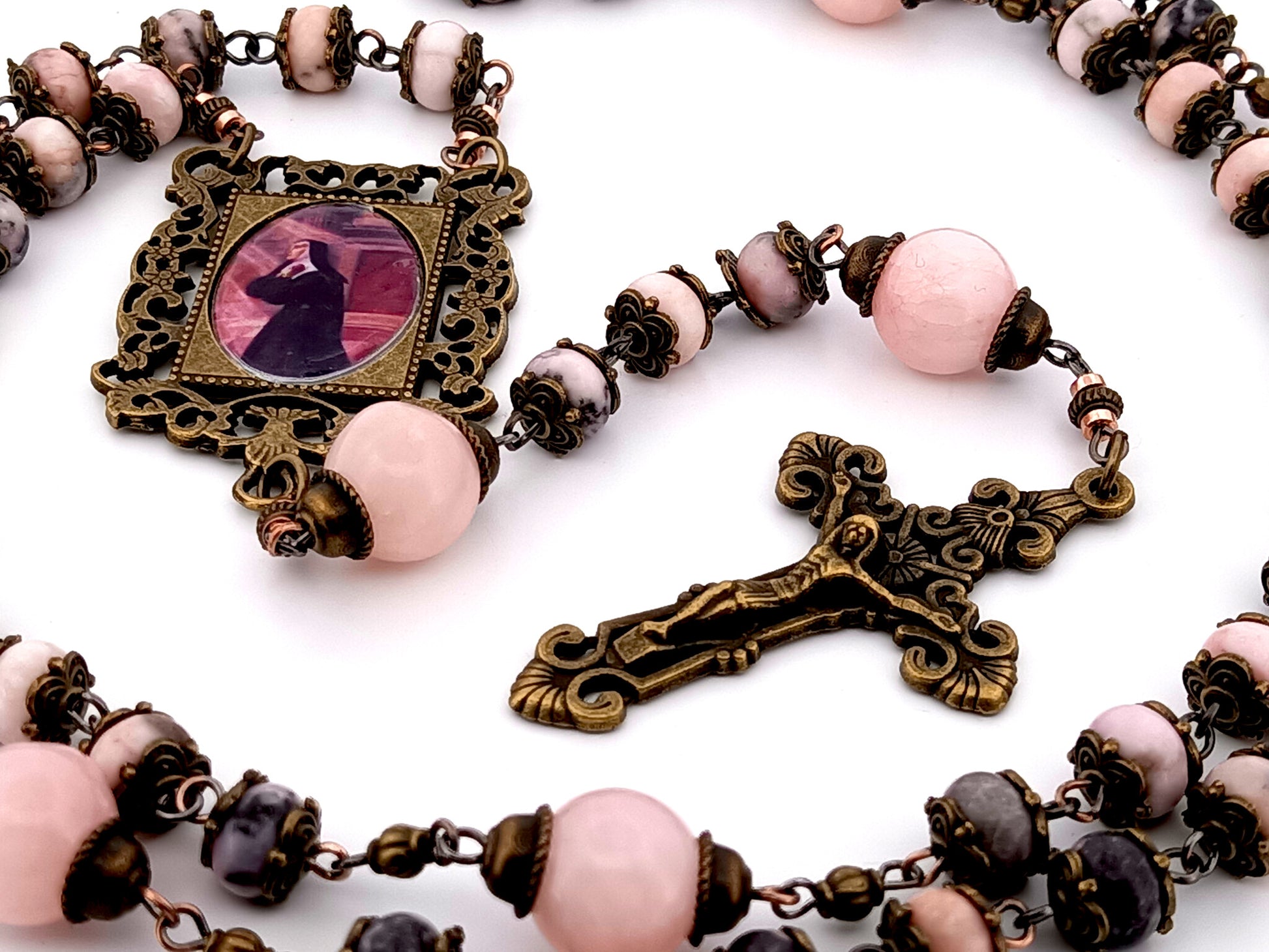 Saint Margaret Mary Alacoque unique rosary beads  pink jasper and quartz gemstone rosary beads with bronze filigree crucifix.