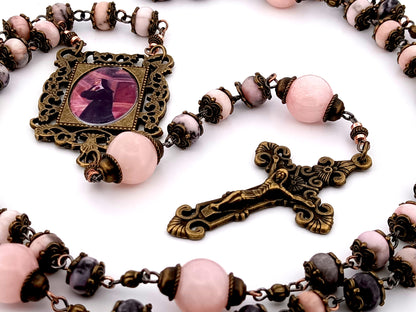 Saint Margaret Mary Alacoque unique rosary beads  pink jasper and quartz gemstone rosary beads with bronze filigree crucifix.