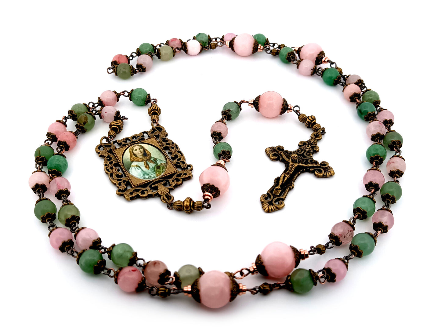 Saint Dymphna unique rosary beads pink and green agate and pink quartz gemstone rosary beads with bronze filigree crucifix.