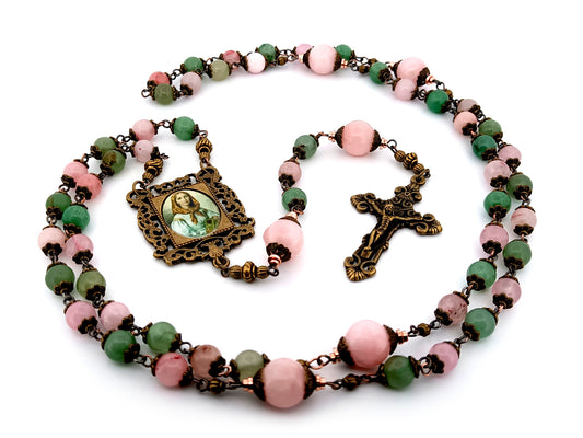 Saint Dymphna unique rosary beads pink and green agate and pink quartz gemstone rosary beads with bronze filigree crucifix.