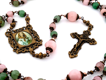 Saint Dymphna unique rosary beads pink and green agate and pink quartz gemstone rosary beads with bronze filigree crucifix.