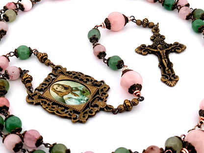 Saint Dymphna unique rosary beads pink and green agate and pink quartz gemstone rosary beads with bronze filigree crucifix.