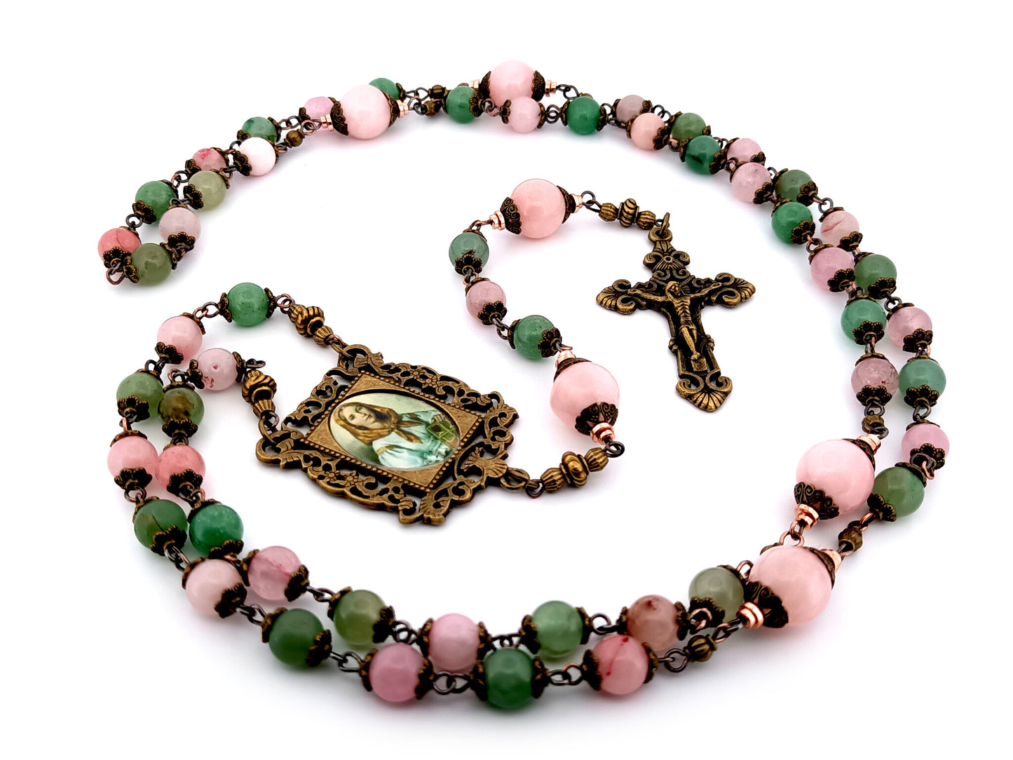 Saint Dymphna unique rosary beads pink and green agate and pink quartz gemstone rosary beads with bronze filigree crucifix.