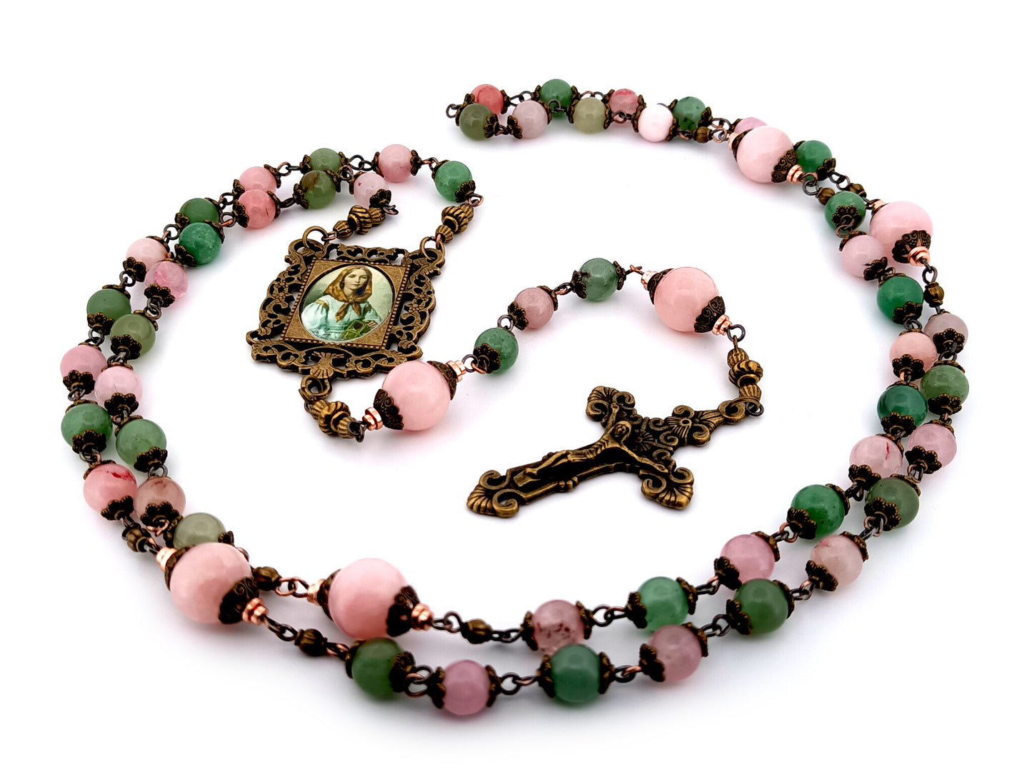 Saint Dymphna unique rosary beads pink and green agate and pink quartz gemstone rosary beads with bronze filigree crucifix.