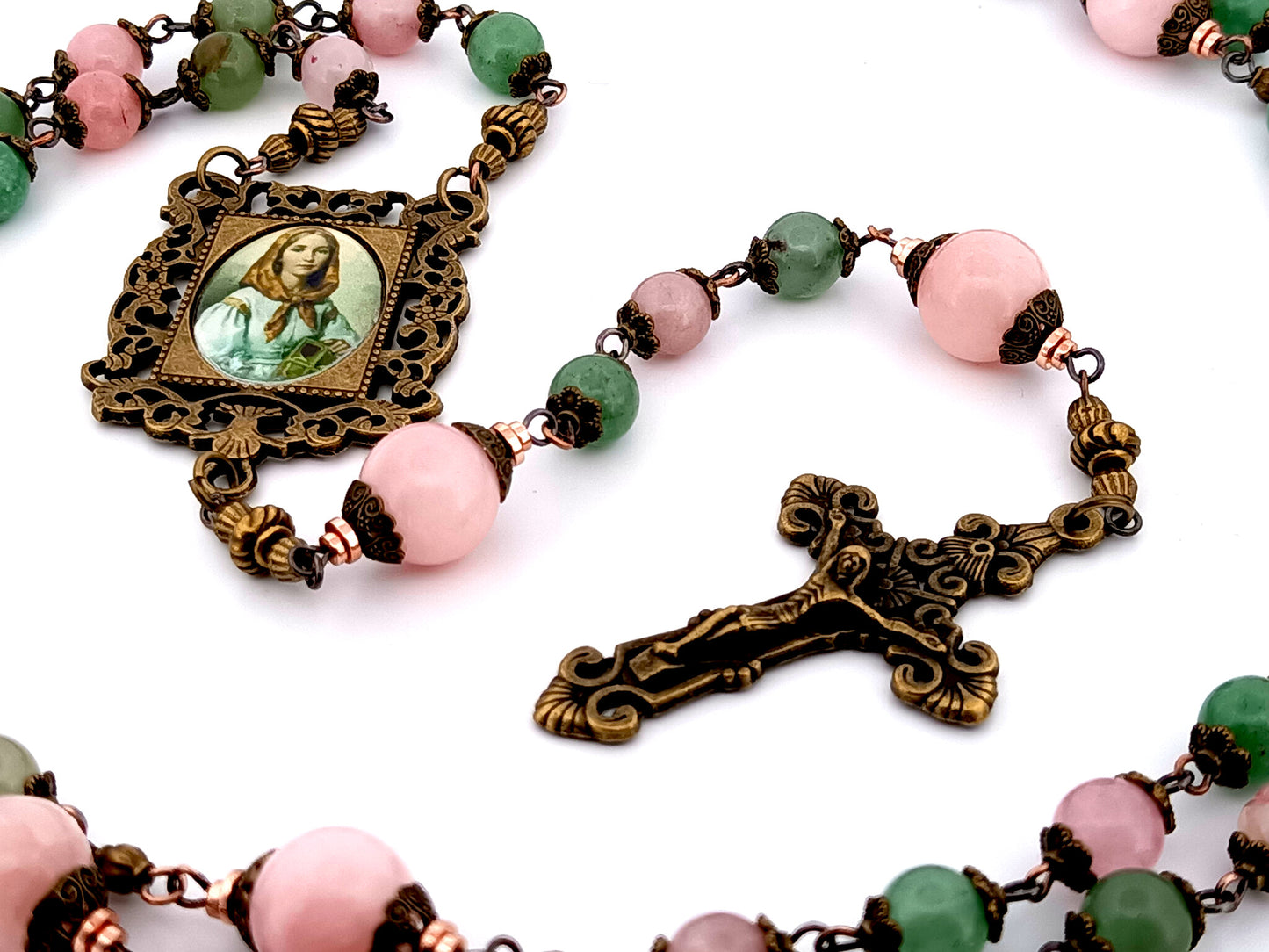 Saint Dymphna unique rosary beads pink and green agate and pink quartz gemstone rosary beads with bronze filigree crucifix.