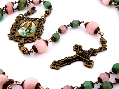 Saint Dymphna unique rosary beads pink and green agate and pink quartz gemstone rosary beads with bronze filigree crucifix.
