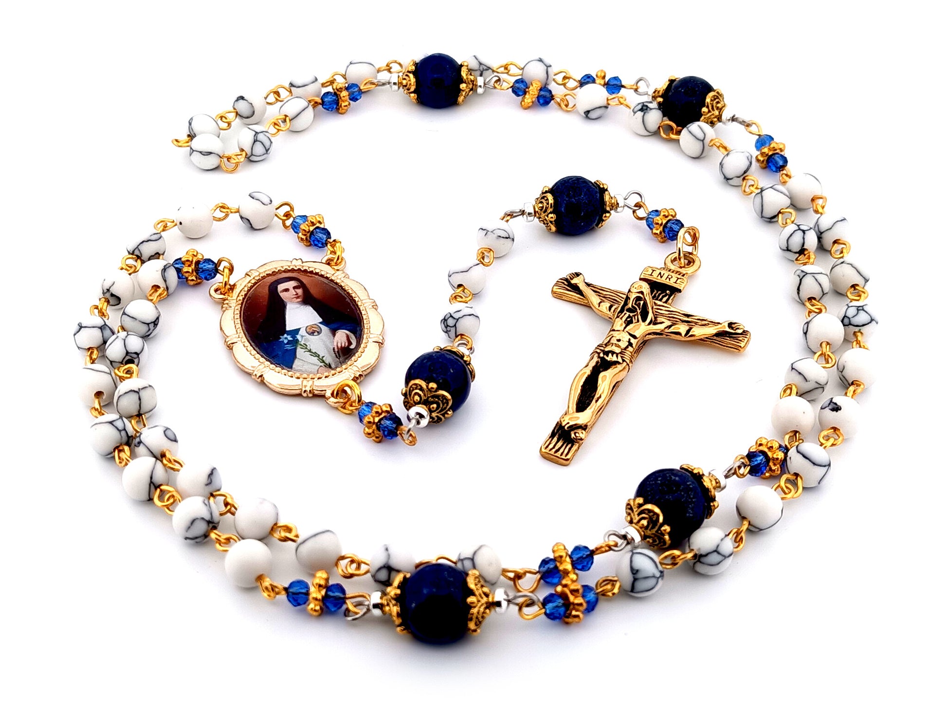 Mother Mariana de Jesus Torres Lapis Lazuli unique rosary beads gemstone rosary with gold plated stainless steel crucifix.