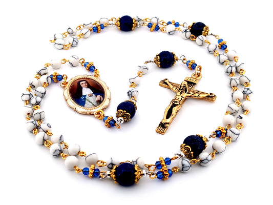 Mother Mariana de Jesus Torres Lapis Lazuli unique rosary beads gemstone rosary with gold plated stainless steel crucifix.