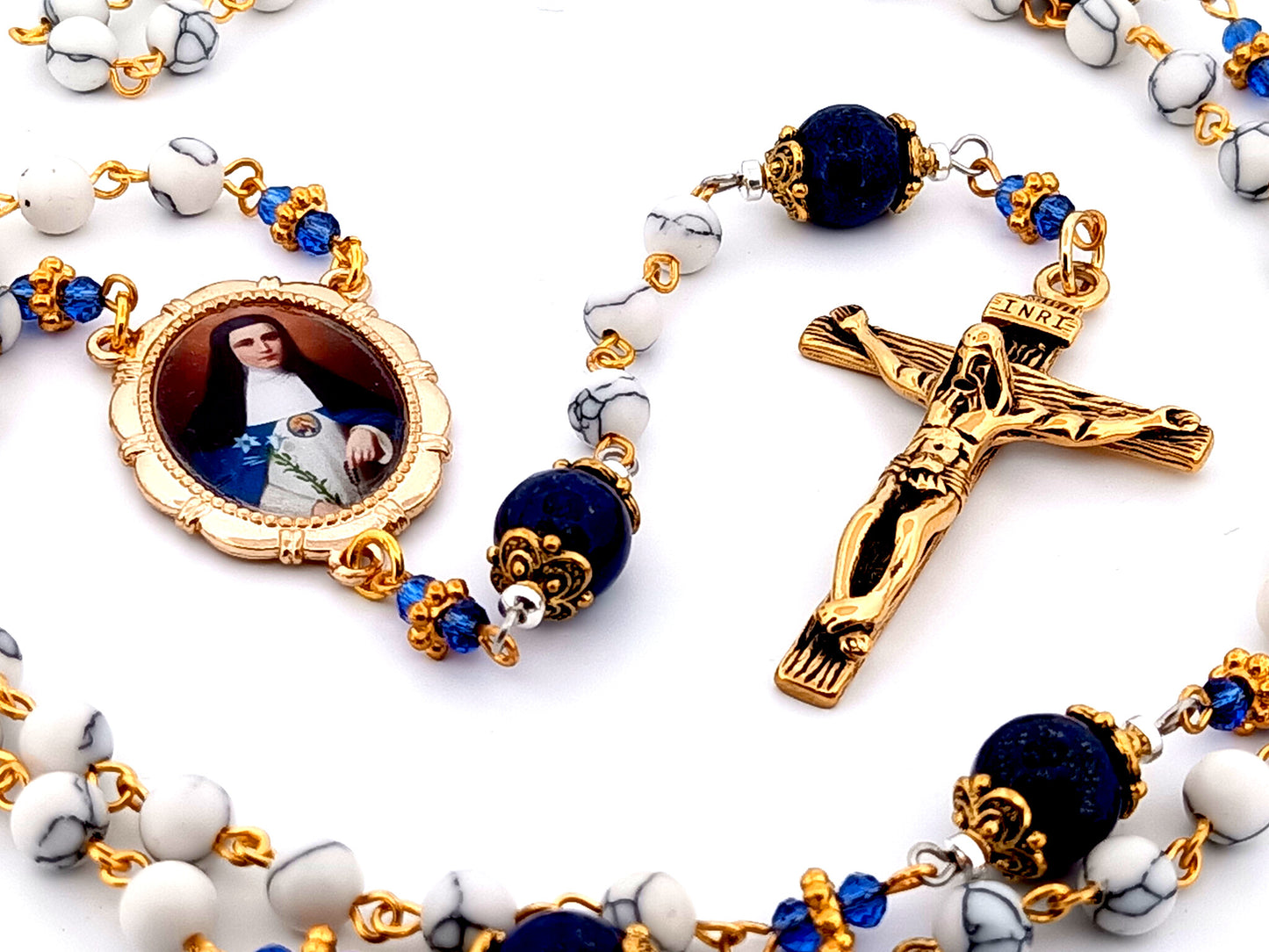 Mother Mariana de Jesus Torres Lapis Lazuli unique rosary beads gemstone rosary with gold plated stainless steel crucifix.