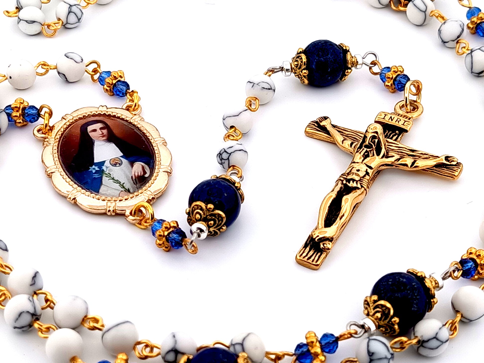 Mother Mariana de Jesus Torres Lapis Lazuli unique rosary beads gemstone rosary with gold plated stainless steel crucifix.
