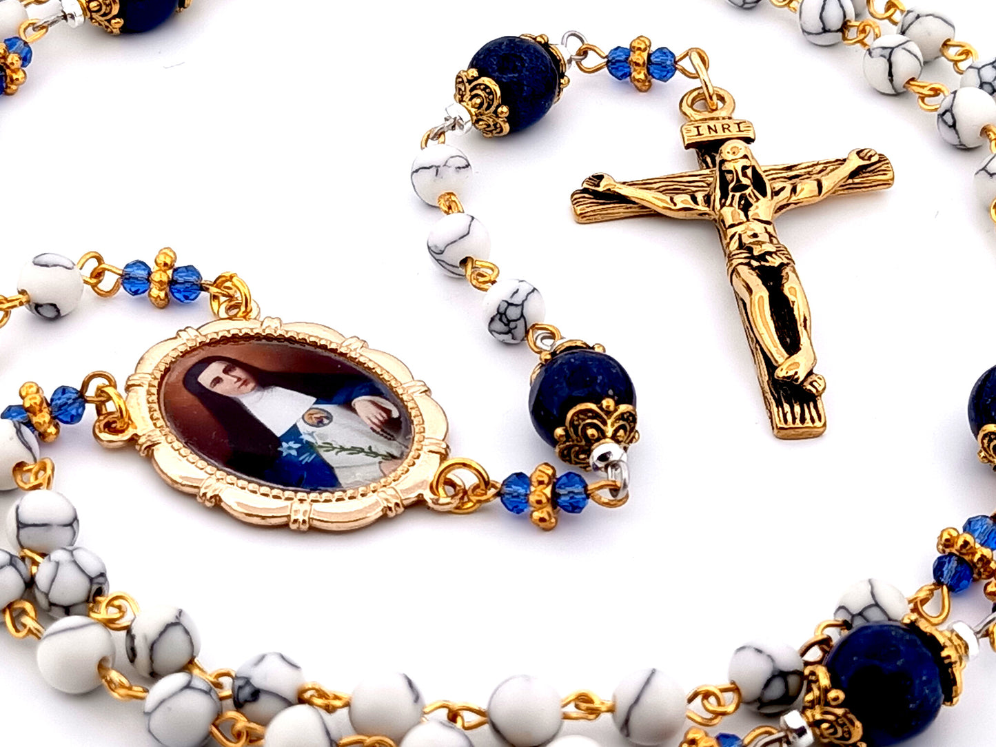 Mother Mariana de Jesus Torres Lapis Lazuli unique rosary beads gemstone rosary with gold plated stainless steel crucifix.
