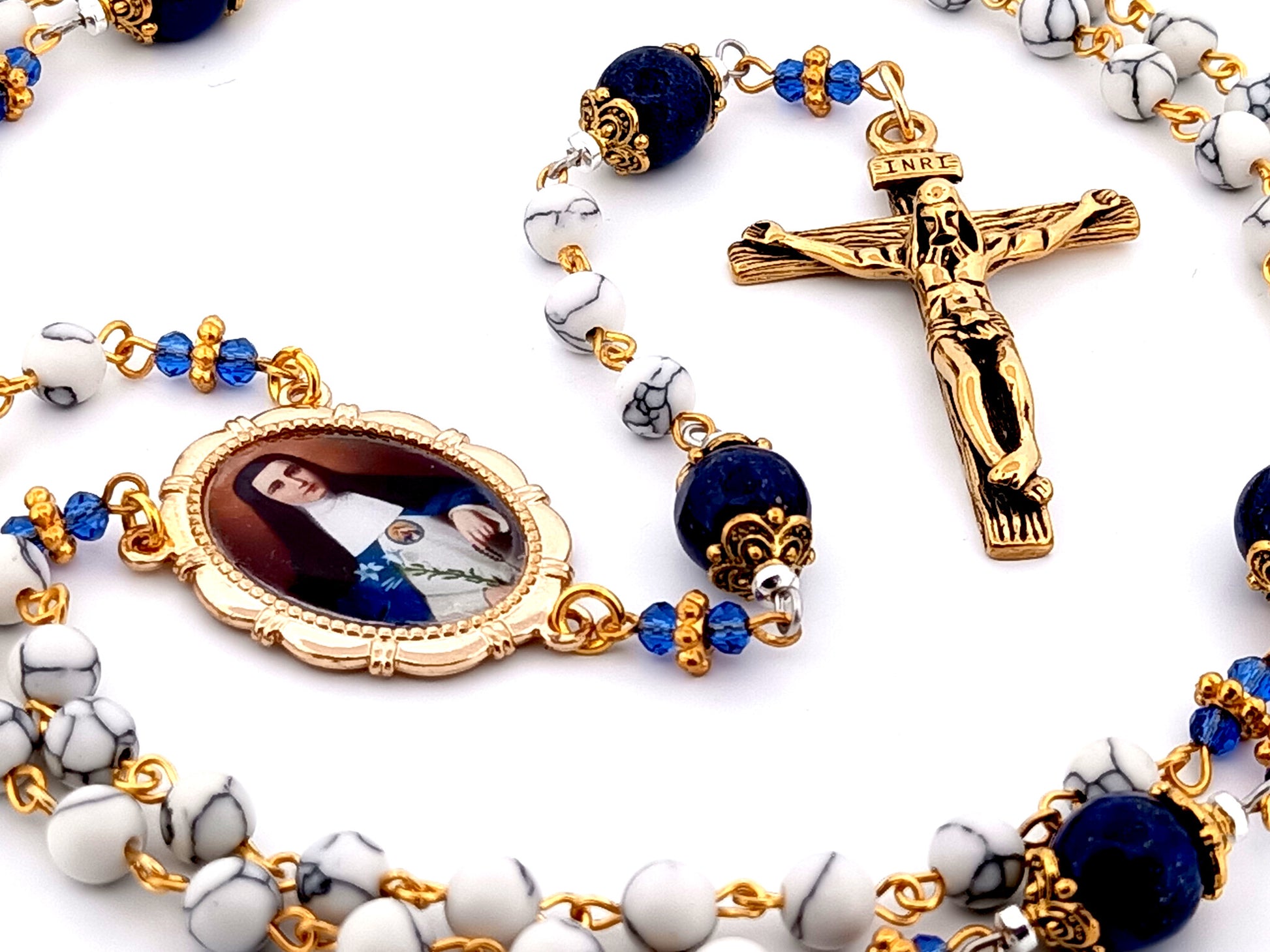 Mother Mariana de Jesus Torres Lapis Lazuli unique rosary beads gemstone rosary with gold plated stainless steel crucifix.