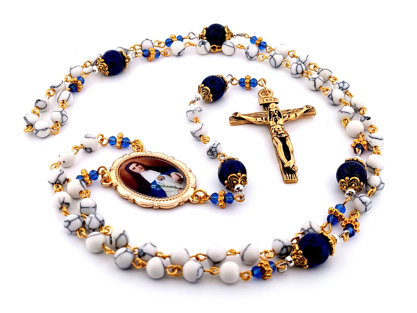 Mother Mariana de Jesus Torres Lapis Lazuli unique rosary beads gemstone rosary with gold plated stainless steel crucifix.