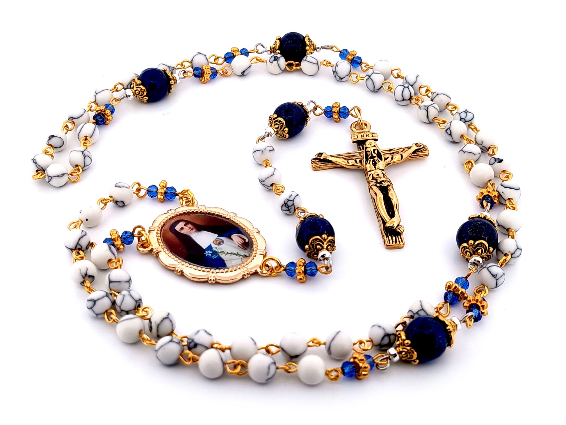 Mother Mariana de Jesus Torres Lapis Lazuli unique rosary beads gemstone rosary with gold plated stainless steel crucifix.