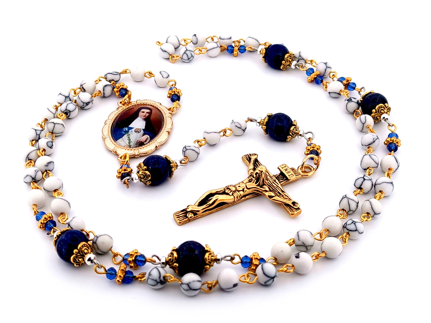 Mother Mariana de Jesus Torres Lapis Lazuli unique rosary beads gemstone rosary with gold plated stainless steel crucifix.