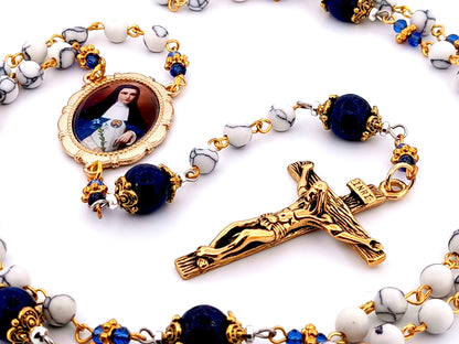 Mother Mariana de Jesus Torres Lapis Lazuli unique rosary beads gemstone rosary with gold plated stainless steel crucifix.