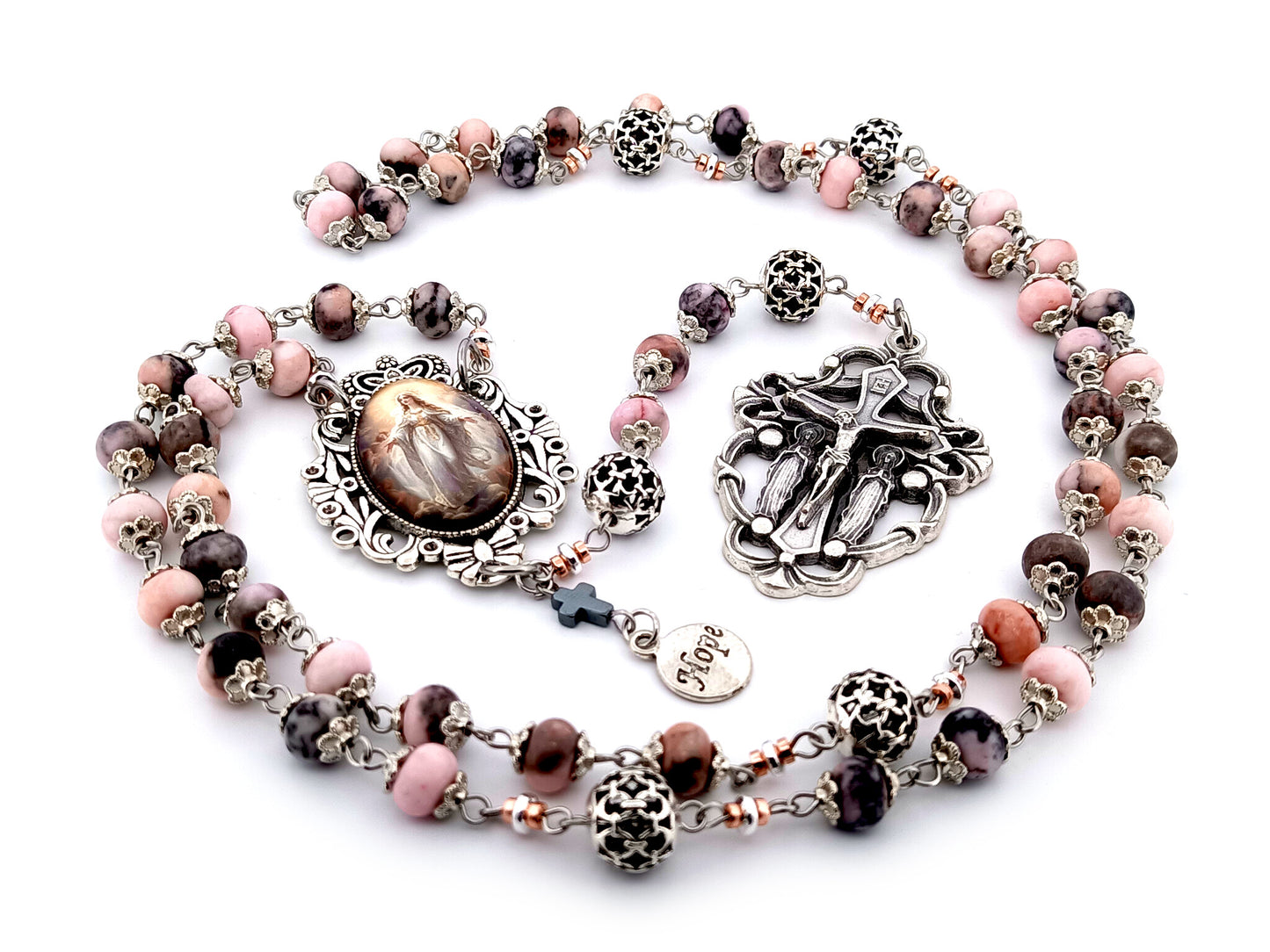 Assumption of Mary unique rosary beads jasper gemstone rosary beads with silver filigree beads and two angels crucifix.