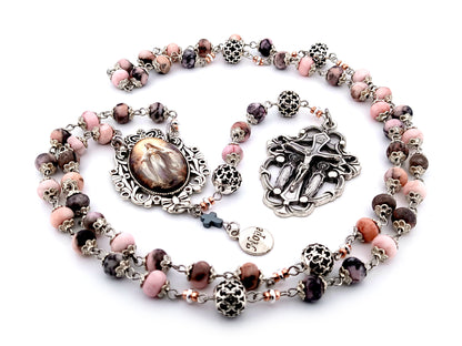 Assumption of Mary unique rosary beads jasper gemstone rosary beads with silver filigree beads and two angels crucifix.