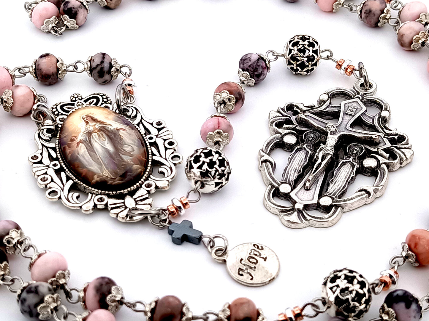 Assumption of Mary unique rosary beads jasper gemstone rosary beads with silver filigree beads and two angels crucifix.