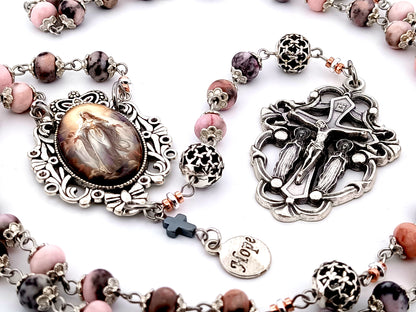 Assumption of Mary unique rosary beads jasper gemstone rosary beads with silver filigree beads and two angels crucifix.