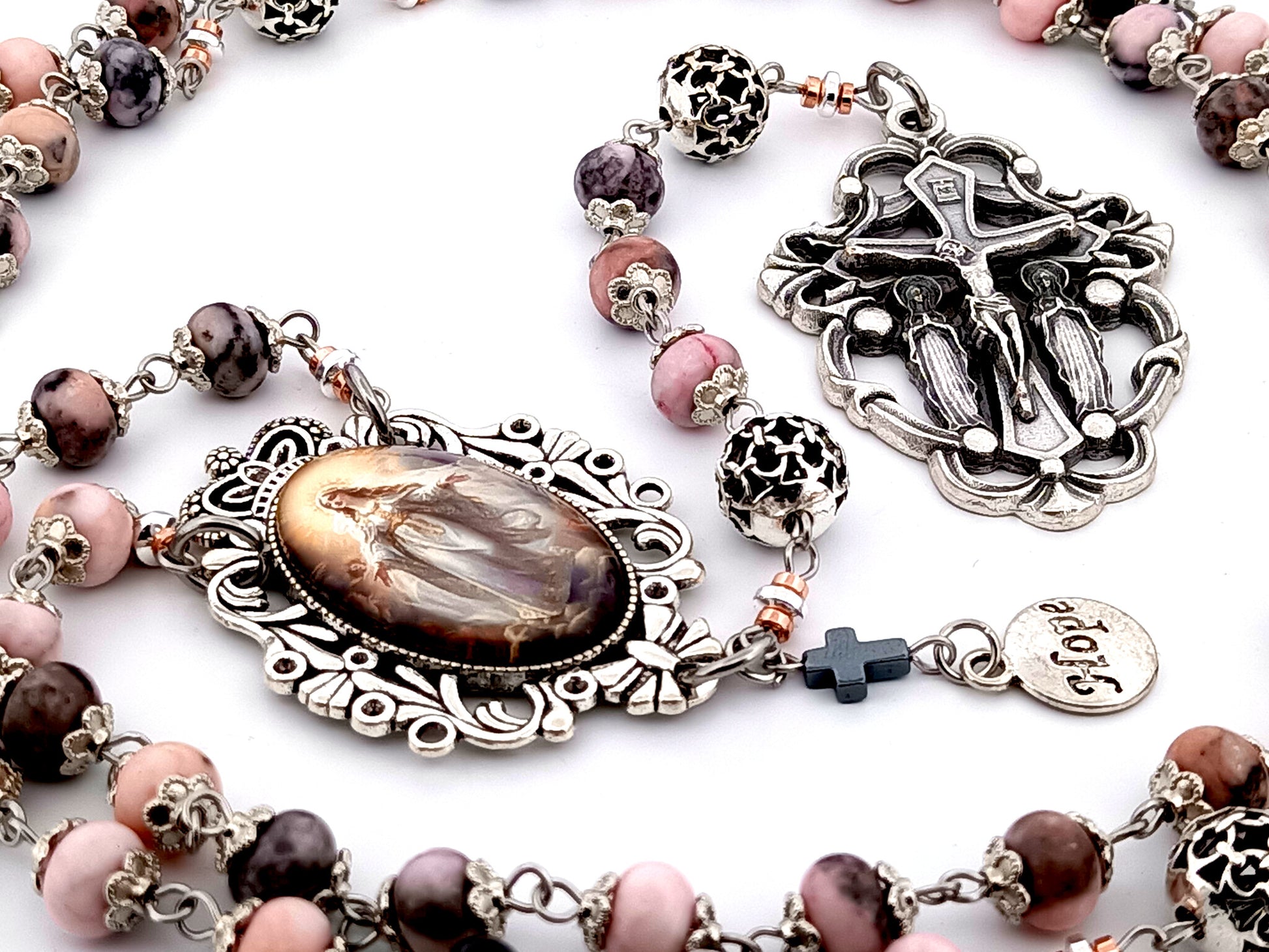 Assumption of Mary unique rosary beads jasper gemstone rosary beads with silver filigree beads and two angels crucifix.