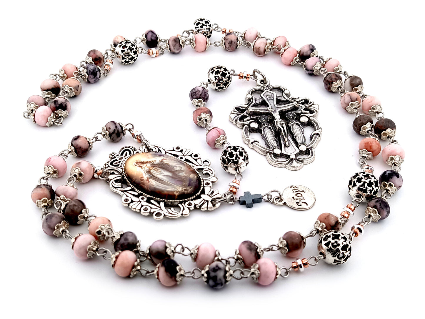 Assumption of Mary unique rosary beads jasper gemstone rosary beads with silver filigree beads and two angels crucifix.