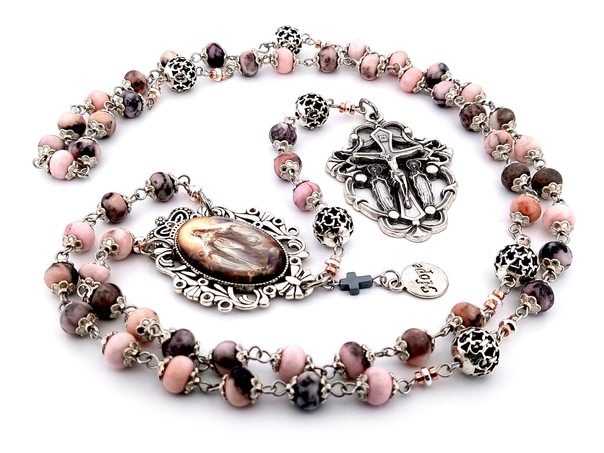 Assumption of Mary unique rosary beads jasper gemstone rosary beads with silver filigree beads and two angels crucifix.