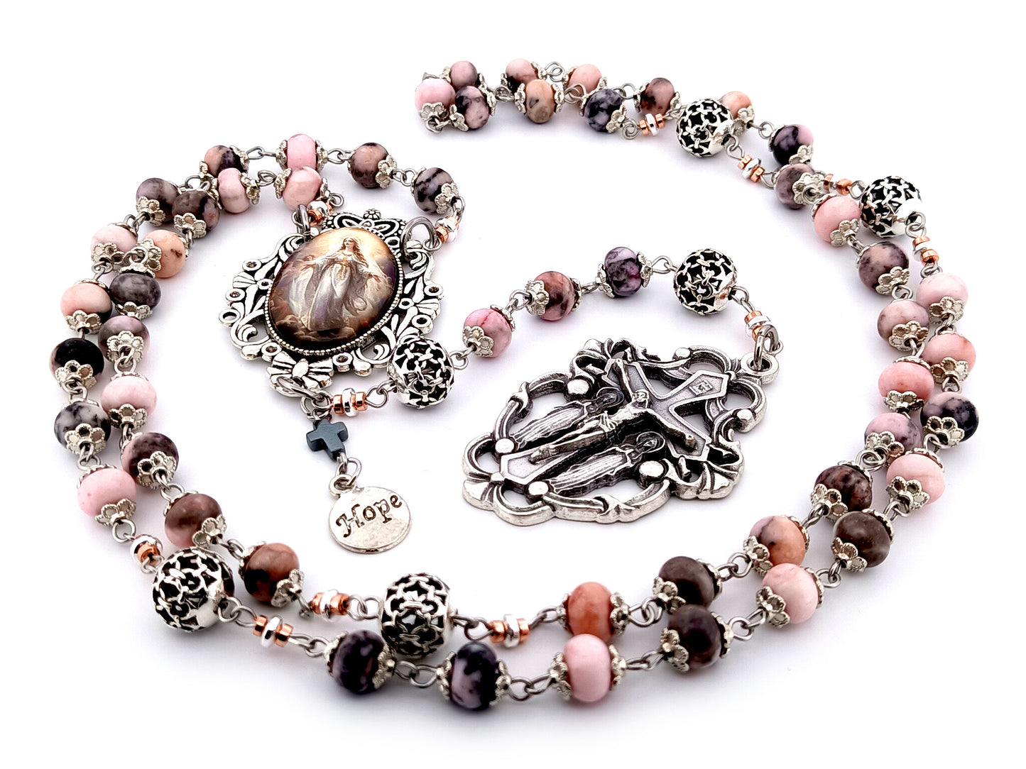 Assumption of Mary unique rosary beads jasper gemstone rosary beads with silver filigree beads and two angels crucifix.