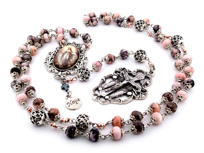 Assumption of Mary unique rosary beads jasper gemstone rosary beads with silver filigree beads and two angels crucifix.
