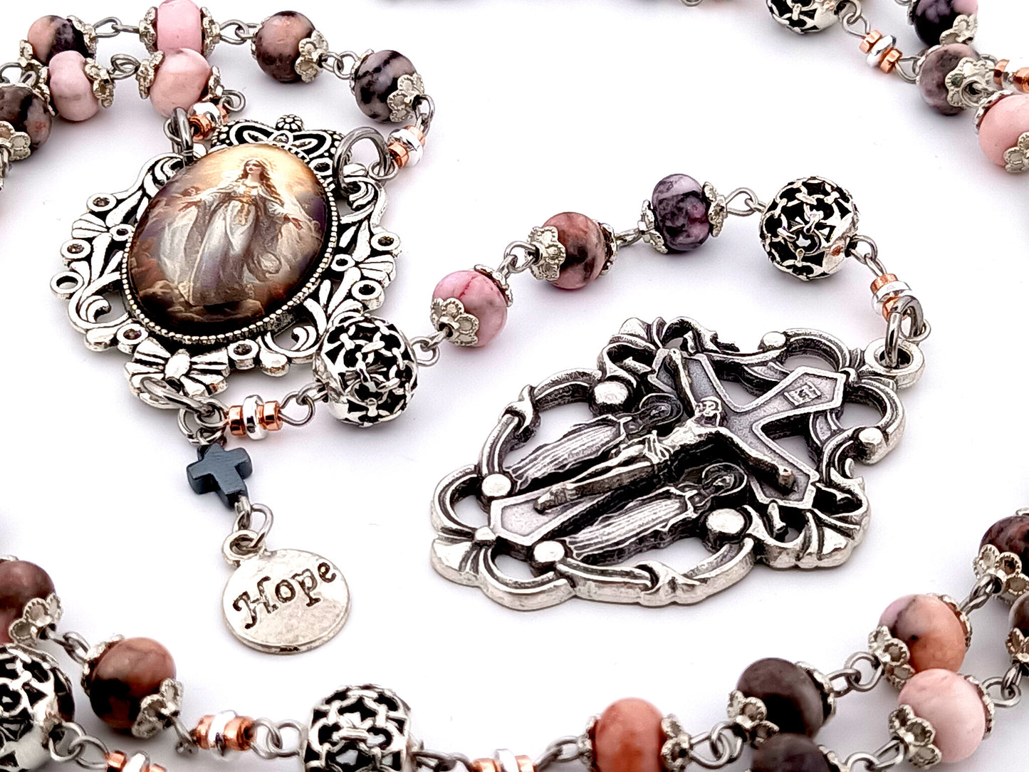 Assumption of Mary unique rosary beads jasper gemstone rosary beads with silver filigree beads and two angels crucifix.