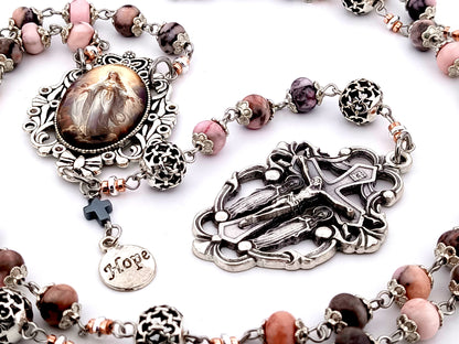 Assumption of Mary unique rosary beads jasper gemstone rosary beads with silver filigree beads and two angels crucifix.