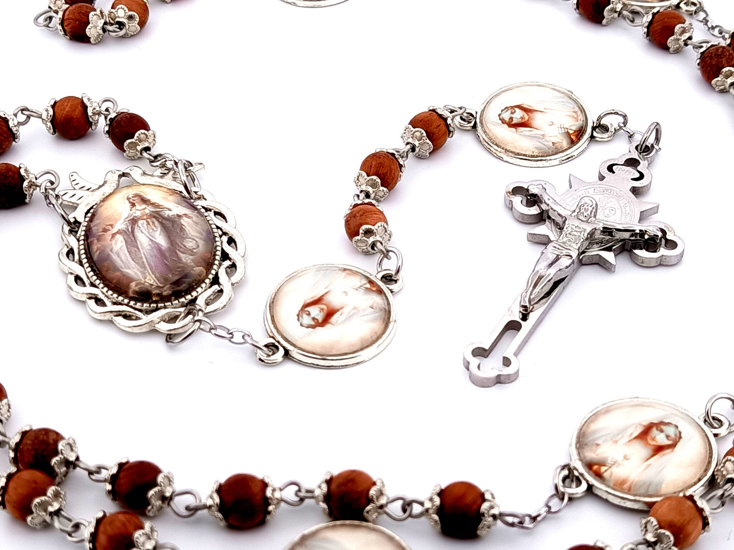 Assumption of Mary unique rosary beads dark olive wood rosary beads with stainless steel Saint Benedict crucifix.