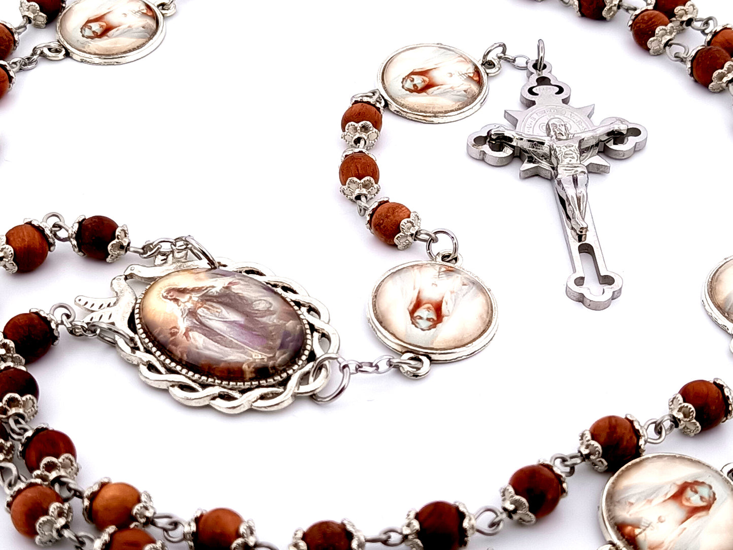 Assumption of Mary unique rosary beads dark olive wood rosary beads with stainless steel Saint Benedict crucifix.