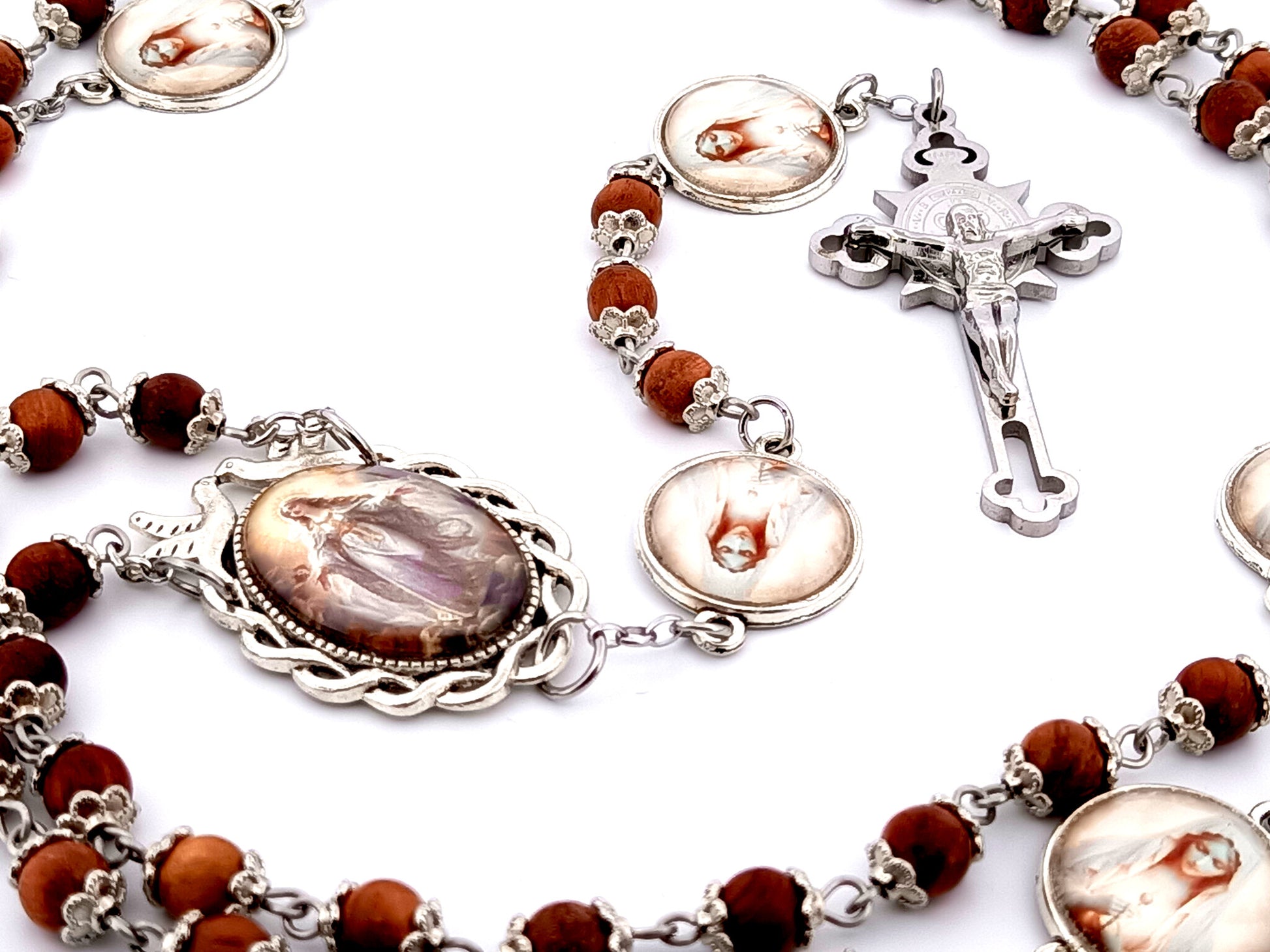 Assumption of Mary unique rosary beads dark olive wood rosary beads with stainless steel Saint Benedict crucifix.